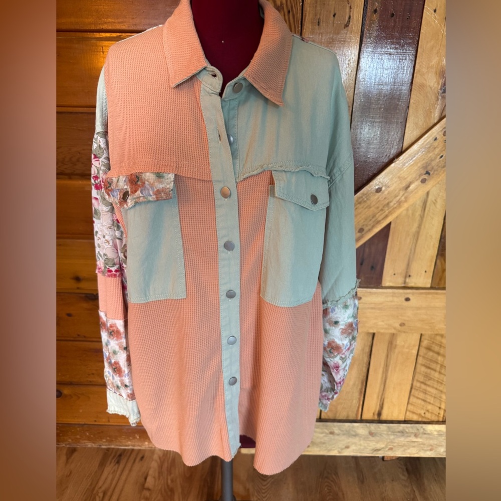 Two-Tone Peach & Sage Button-Down Shirt Jacket